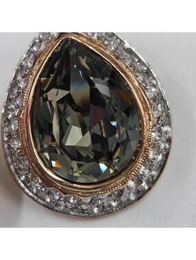 Vintage Stanford ClipOn Earrings Smoky Pear Crystal Rhinestone Two Tone Teardrop